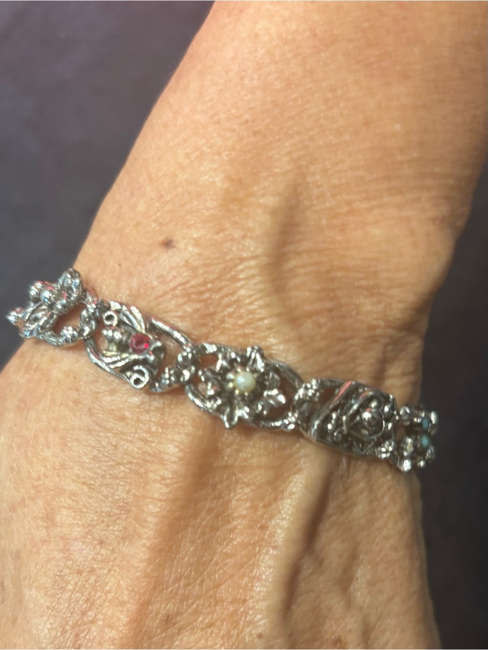 Goldette Silver Floral Bracelet with Pearl and Red Accent Stones